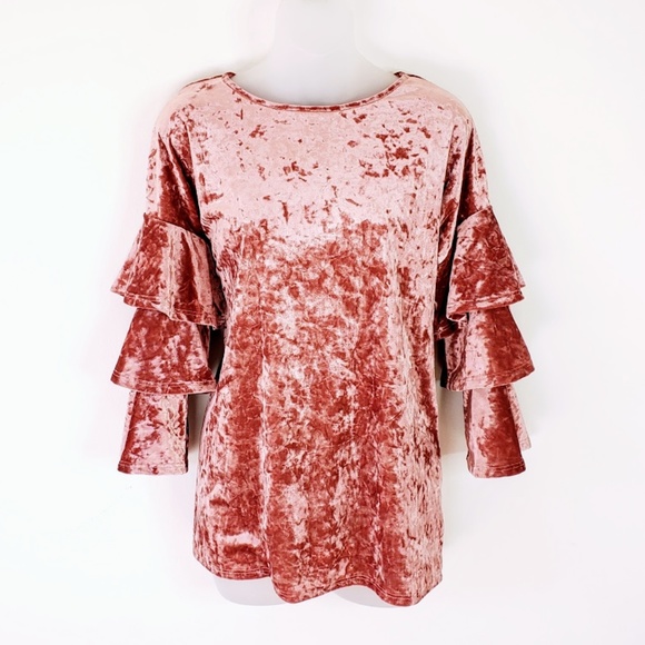 Kim & Cami Tops - NEW Velvet Pink Ruffle Sleeves Top M